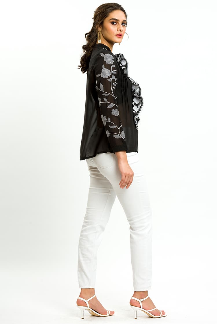 Georgette Frill Top With Floral Embroidery