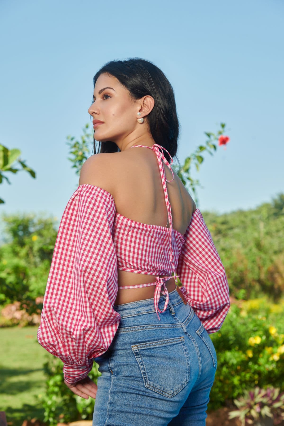 Gingham Plunge Neck Strappy Top