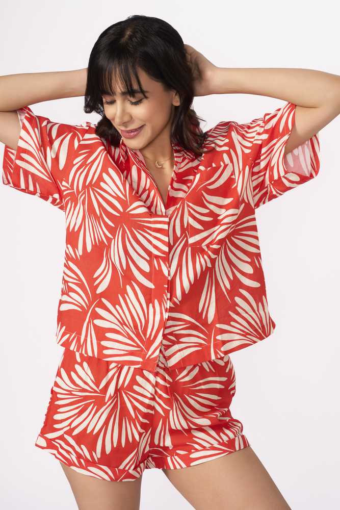 Red Leaf Printed Linen Shirt