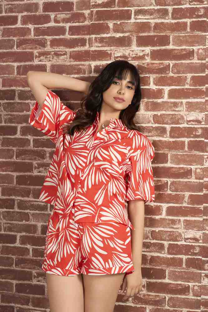Red Leaf Printed Linen Shorts